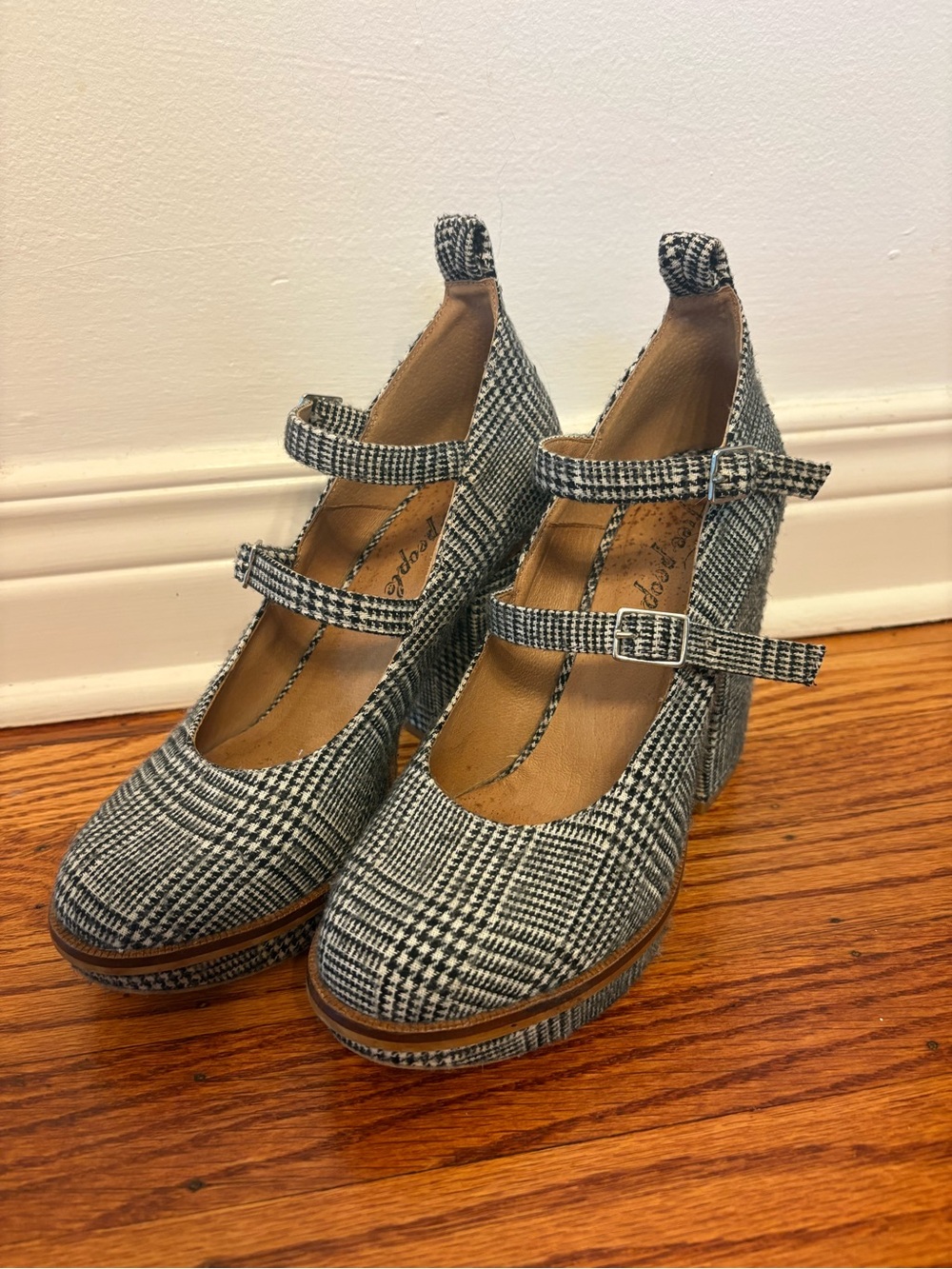 Free People Black and White Plaid Mary Jane Platform Heels